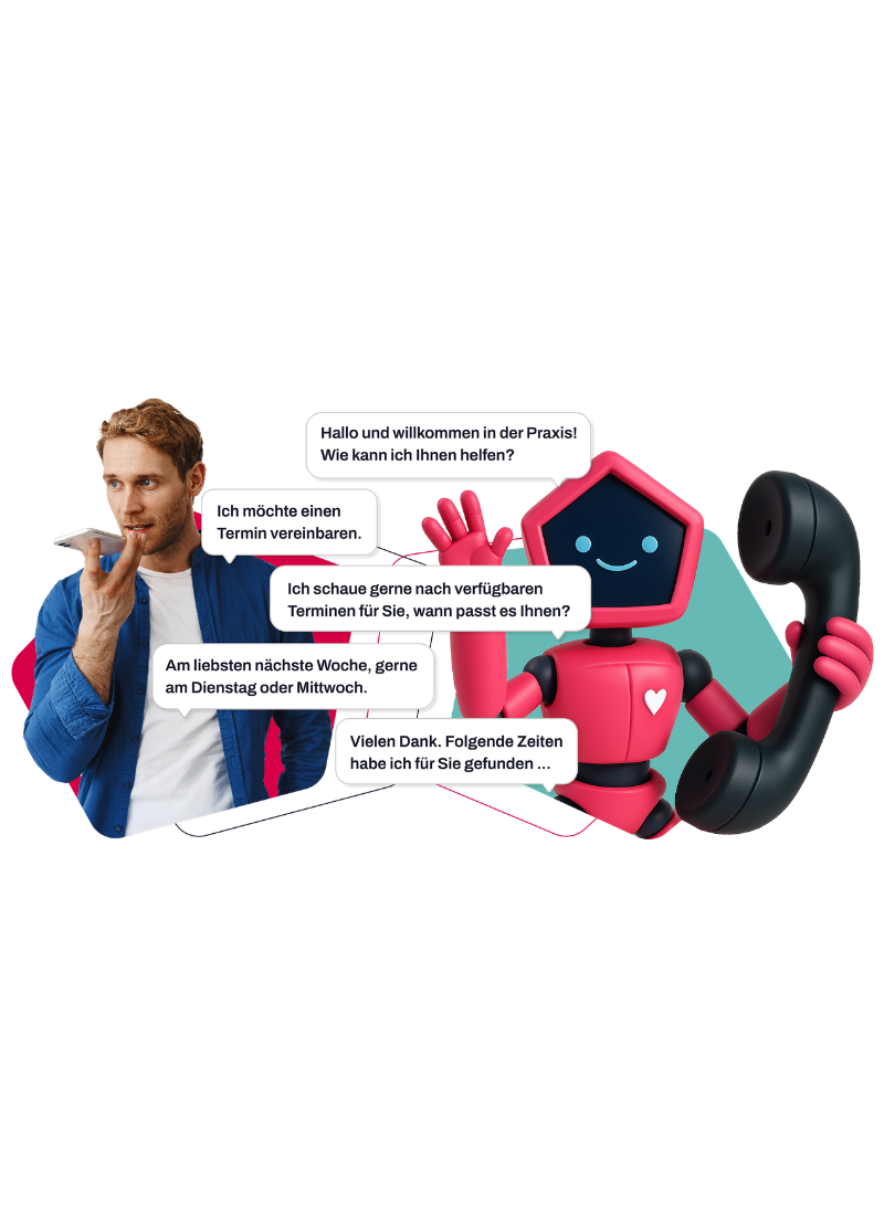 samedi KI-Telefonassistent vereinbart Termine per Sprachsteuerung im Dialog mit einem Patienten