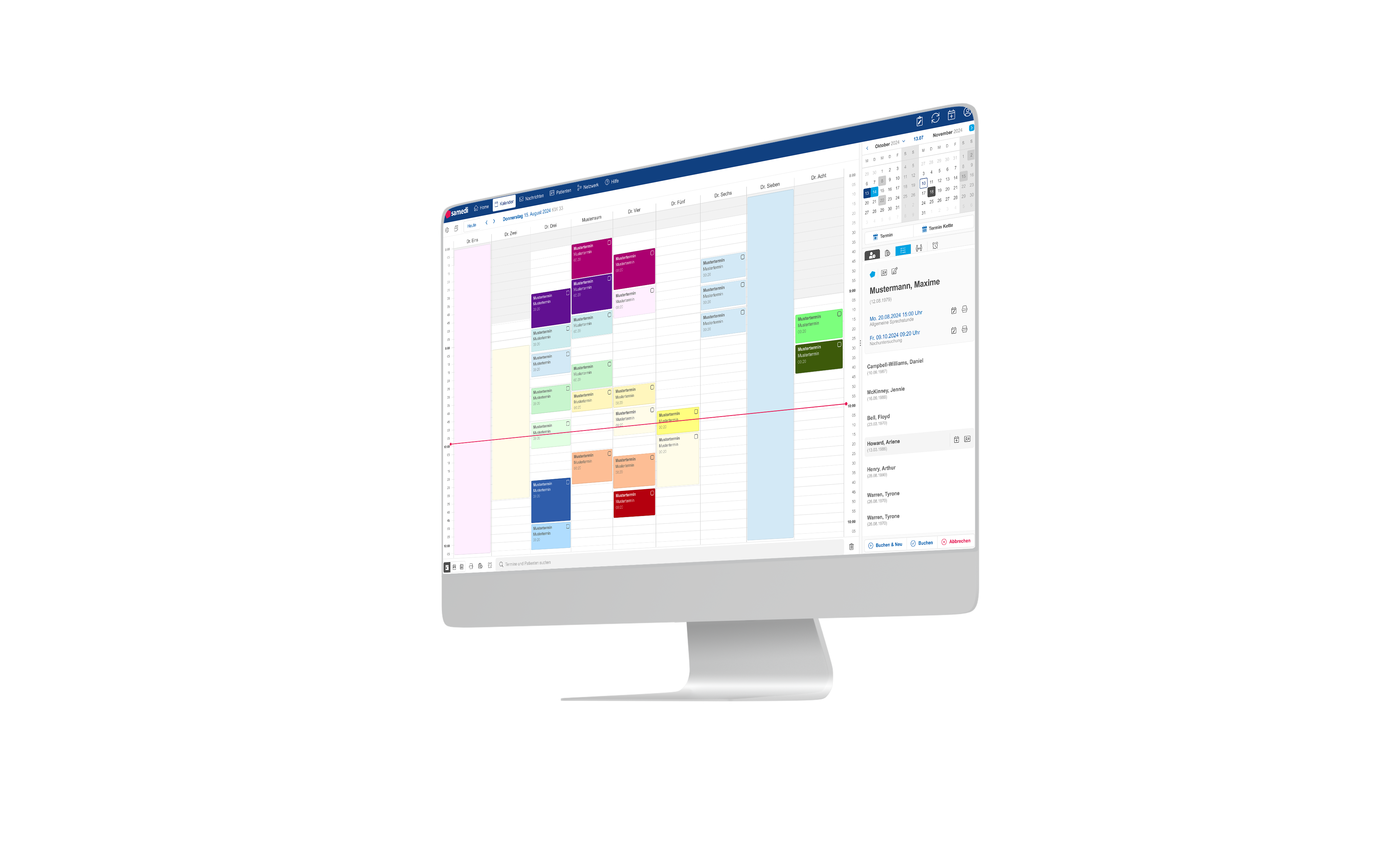 samedi Online-Kalender auf dem Desktop – Wochenansicht mit Mehr-Ressourcen-Planung für Räume, Ärzte und Videosprechstunde