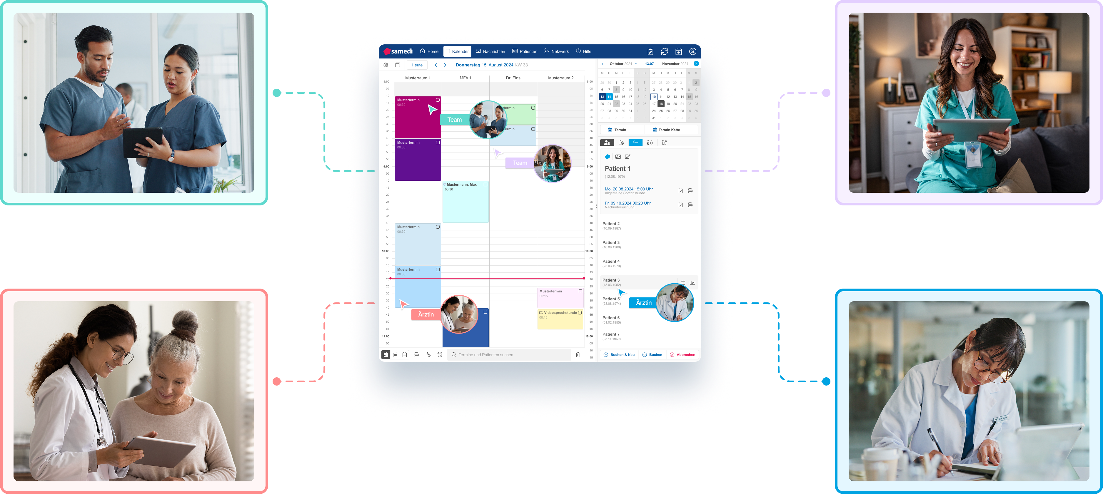 samedi Online-Kalender im Zentrum, umgeben von Ärztinnen, Ärzten, Praxisteam und Patientinnen – standortübergreifende Vernetzung im Gesundheitswesen